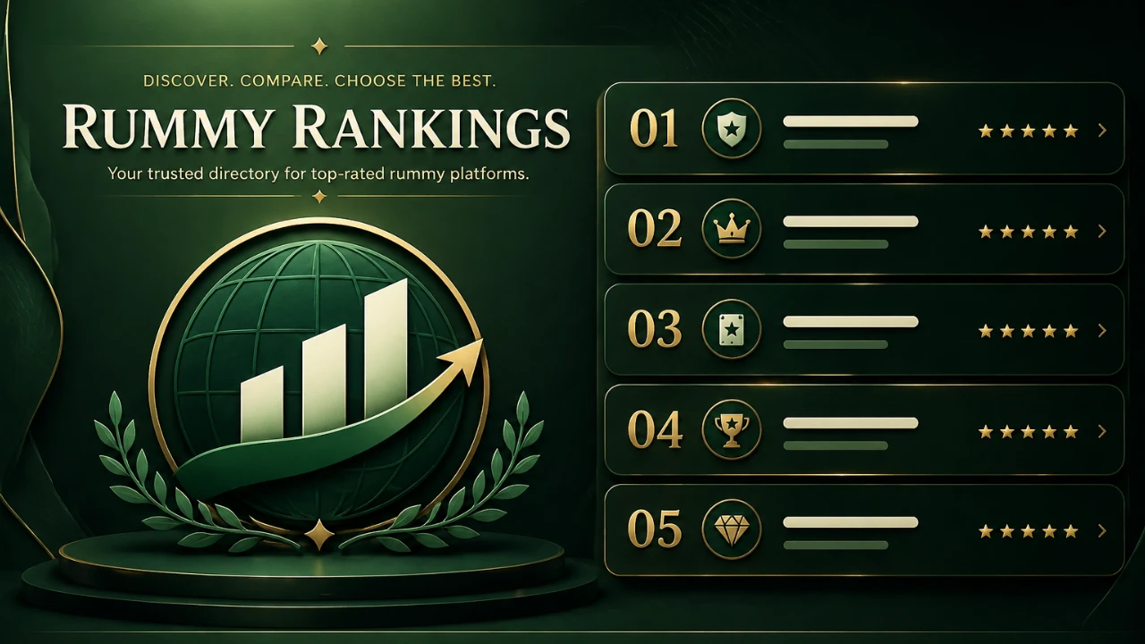 Rummy Ranks premium editorial leaderboard banner with deep emerald backdrop, champagne gold rank numerals, ivory headline typography, abstract glass cards, no logos